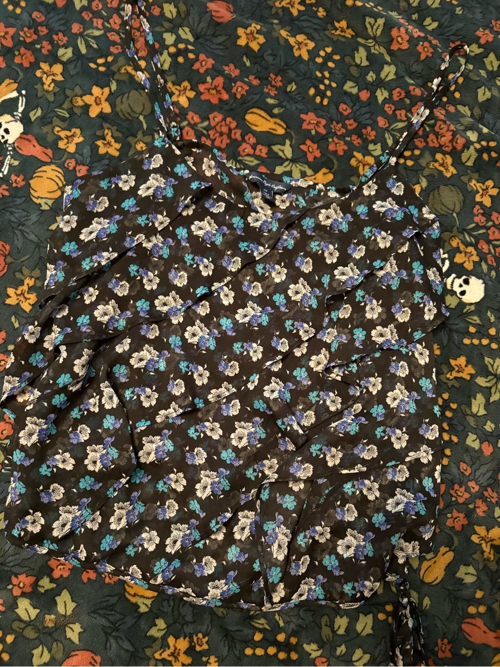 American Eagle Outfitters Black Floral Ruffle Cami with Blue & White Flowers